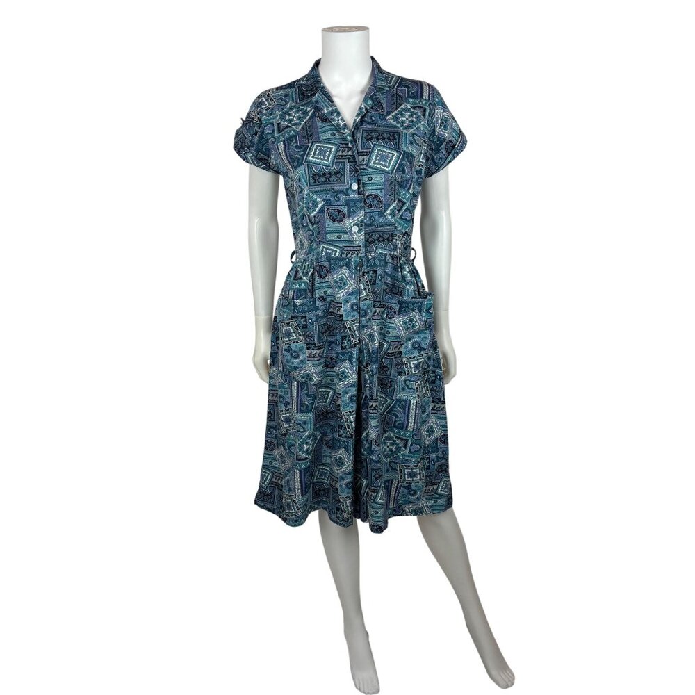 Vintage 70s House Dress Womens Small Blue 50s Style Zip Up Romper Sears